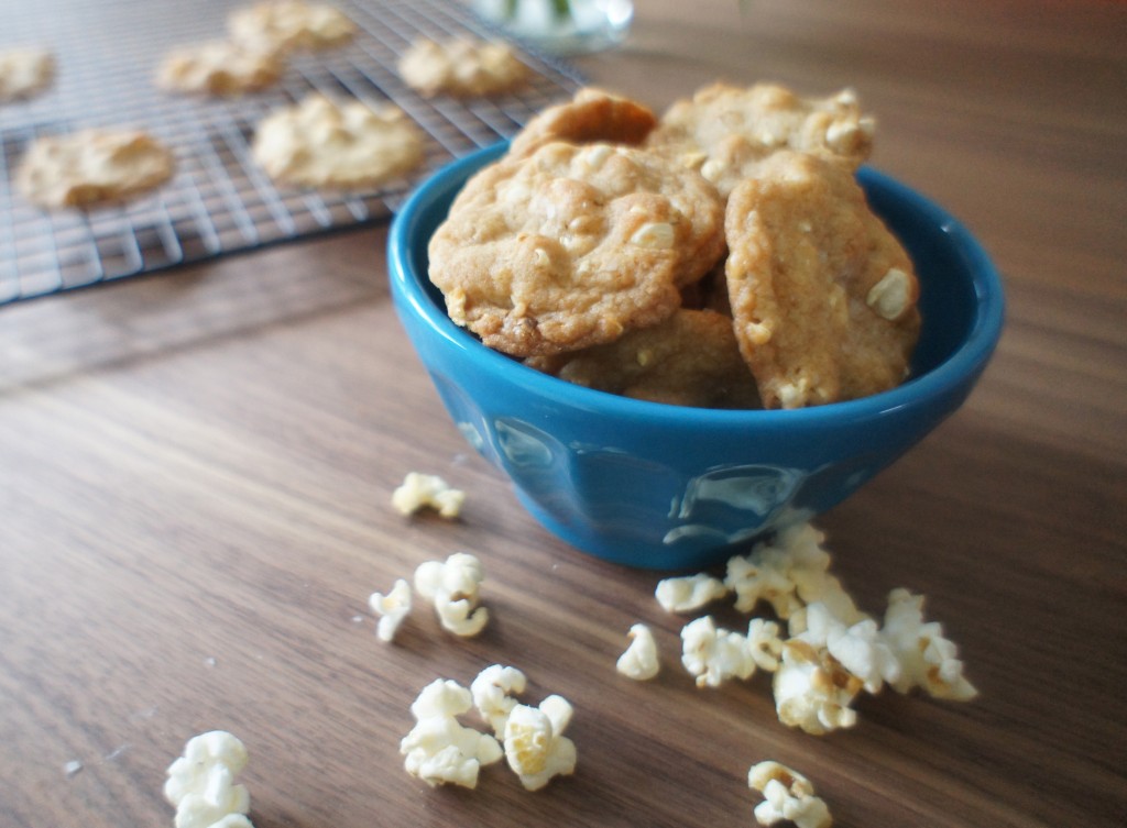 cookies in bowl w/ popcorn scattered