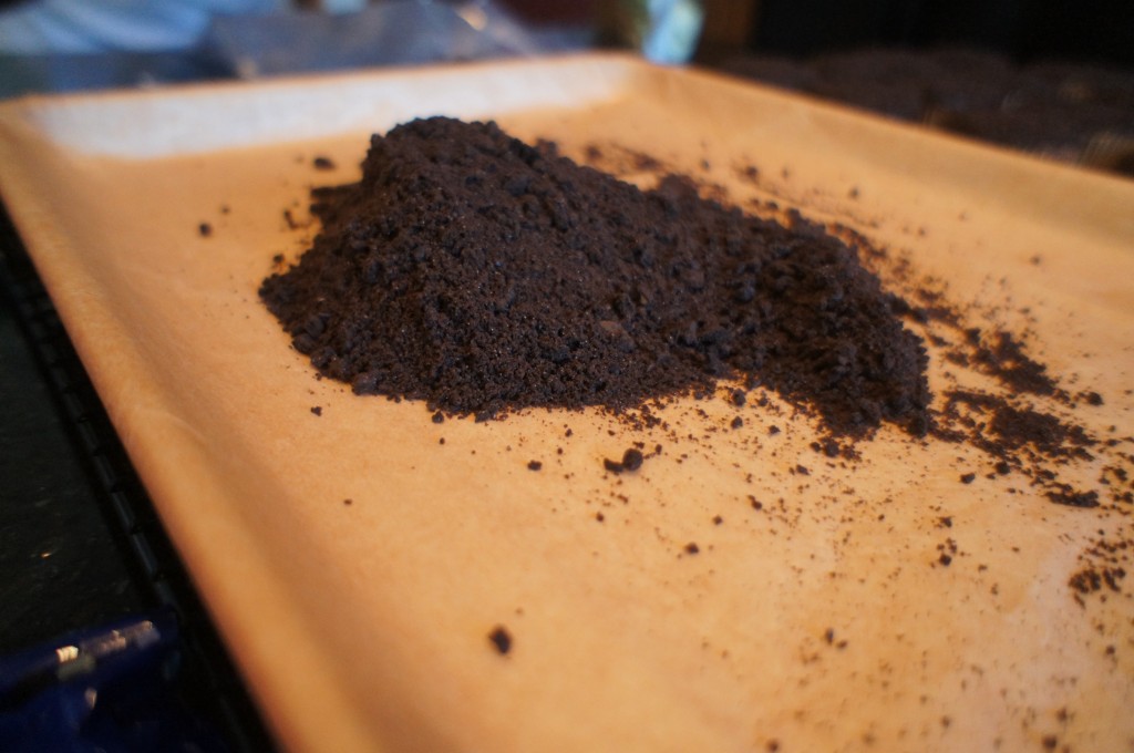 crumbs on baking sheet