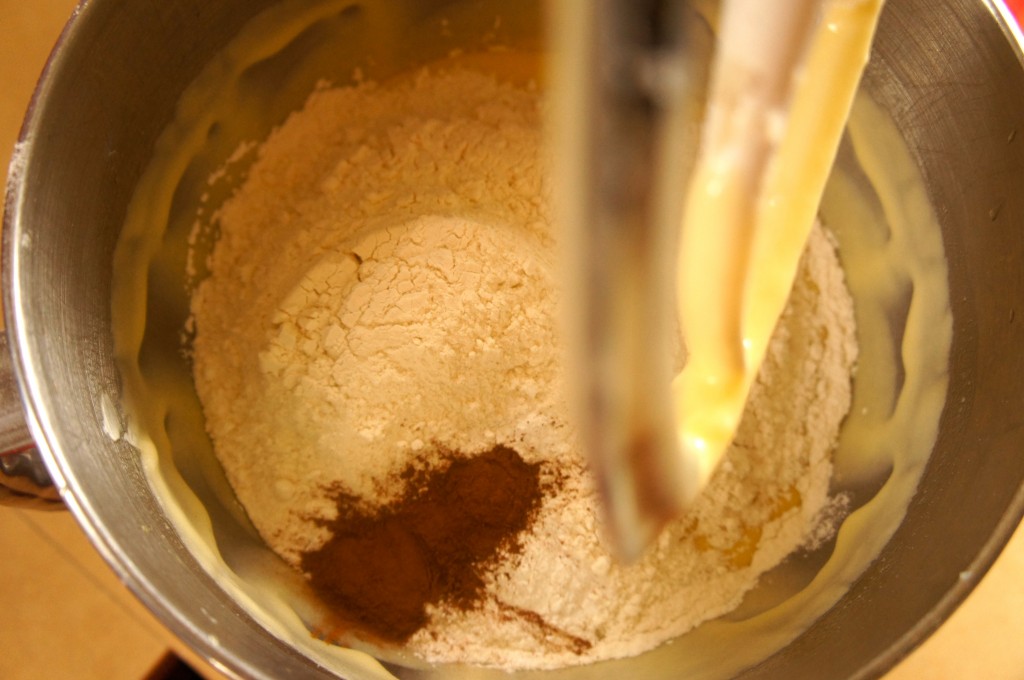 flour, cinnamon, baking powder, baking soda, salt
