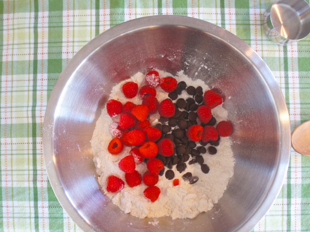 raspberries and chocolate chips in flour